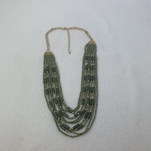 Green Gold Multi Strand Bib Layered Necklace Fashion Jewelry - Picture 1 of 9